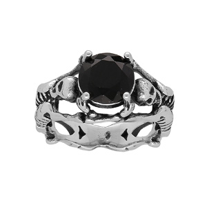 Bague en acier tête de mort et squelette avec pierre noire