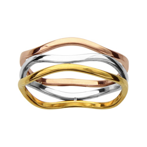 Bague en acier 3 anneaux ondules jaune, gris et rose