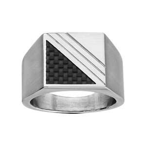 Chevalière en acier plateau carré avec carbone