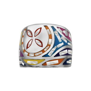Bague Stella Mia en acier et nacre blanche véritable motif fleur et multicolore