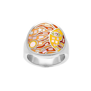 Bague Stella Mia en acier ronde avec soleil jaune orangé et Nacre