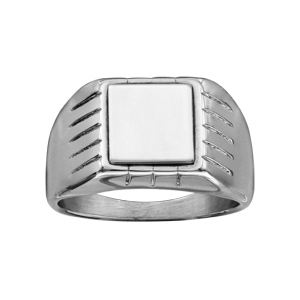 Chevalière en acier plateau carré avec rainures sur les côtés