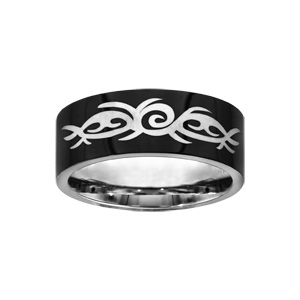 Bague en acier et PVD noir gravure tribale