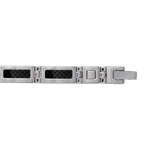 Bracelet en acier maillons avec centre en carbone motifs tressés – longueur 18,5cm + 1,5cm réglable par double fermoir