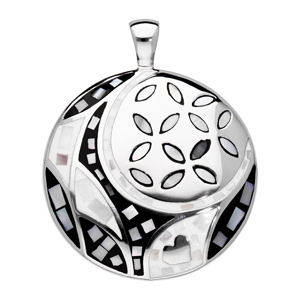Pendentif en acier Stella Mia avec nacre rond motif fleur noir et blanc