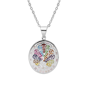 Collier Stella Mia en acier chaîne avec pendentif rond paon multi couleur et Nacre 38+6cm