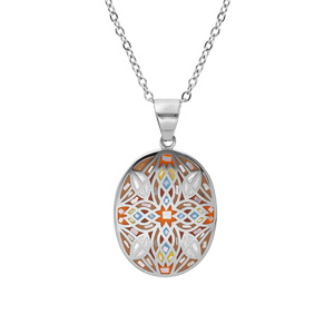 Collier Stella Mia en acier chaîne avec pendentif ovale mosaique multi couleur et Nacre 38+6cm