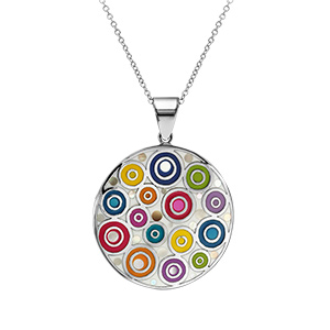 Pendentif Stella Mia en acier et nacre blanche véritable rond avec motifs spirales et multicolore