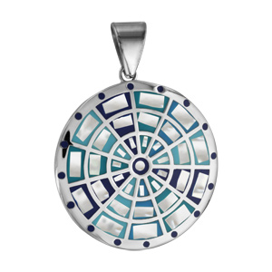 Pendentif Stella Mia en acier et nacre blanche véritable rond avec motifs cible et dégradé de bleu