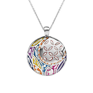 Pendentif Stella Mia en acier et nacre blanche véritable rond avec motif fleur et multicolore