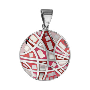 Pendentif Stella Mia en acier et nacre blanche véritable rond avec motifs et dégradé de rouge et rose