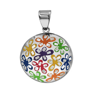 Pendentif Stella Mia en acier et nacre blanche véritable rond avec motifs fleurs multicolores