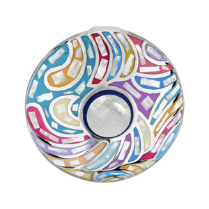 Pendentif Stella Mia en acier et nacre blanche véritable rond avec motifs vagues et couleurs pastel