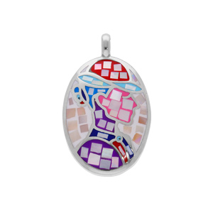 Pendentif Stella Mia en acier ovale avec visage multi couleurs rose et violet avec Nacre