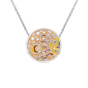 Pendentif Stella Mia en acier rond motif soleil jaune orangé avec Nacre