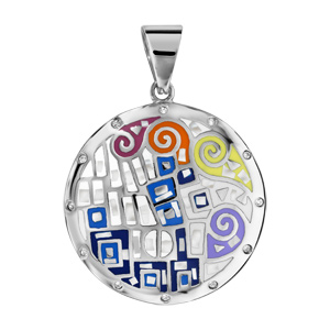 Pendentif Stella Mia en acier et nacre blanche véritable rond avec motifs spirales et formes multico