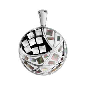 Pendentif Stella Mia en acier et nacre blanche véritable rond avec motifs géométriques et noir et bl