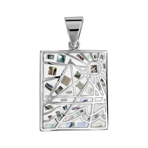 Pendentif Stella Mia en acier et nacre blanche véritable rectangulaire avec motifs géométriques et b
