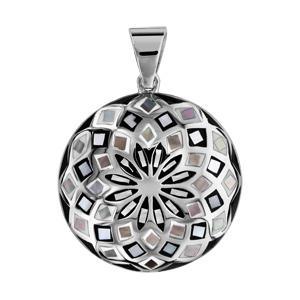 Pendentif Stella Mia en acier et nacre blanche véritable rond motif fleur et noir et blanc