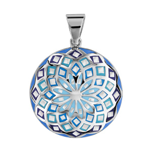 Pendentif Stella Mia en acier et nacre blanche véritable rond motif fleur et dégradé de bleu