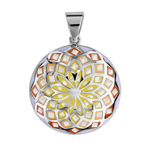 Pendentif Stella Mia en acier et nacre blanche véritable rond motif fleur et dégradé de jaune et ora