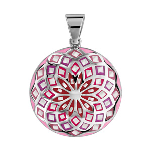 Pendentif Stella Mia en acier et nacre blanche véritable rond motif fleur et dégradé de rouge et rose