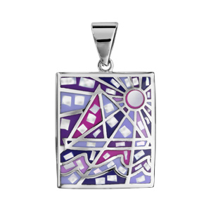 Pendentif Stella Mia en acier et nacre blanche véritable rectangulaire avec motifs géométriques et dégradé de rose et violet