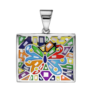 Pendentif Stella Mia en acier et nacre blanche véritable forme rectangulaire avec papillon multicolore