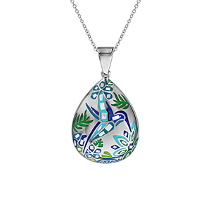 Pendentif Stella Mia en acier et nacre blanche véritable forme goutte avec motifs colibris bleu vert