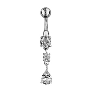 piercing de nombril en acier 3 oxydes blancs suspendus dont 1 en forme de goutte