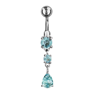 Piercing de nombril en acier 3 oxydes bleu ciel suspendus dont 1 en forme de goutte
