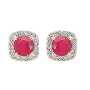 Boucles d’oreille en vermeil Rubis véritable contour carré de Topazes blanches serties et fermoir poussette
