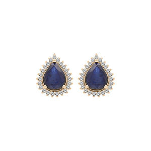 Boucles d’oreille en vermeil Saphir véritable forme goutte avec contour Topazes blanches serties et fermoir poussette