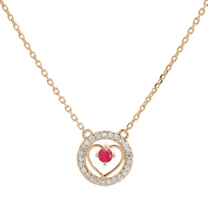 Collier en vermeil chaîne avec pendentif anneau cerclé d’oxydes blancs et coeur Rubis véritable 42+3cm