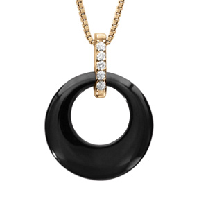 Collier en vermeil pendentif cercle céramique noire barrette d'oxydes blancscsertis  - 42+3cm
