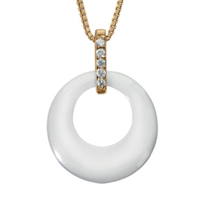 Collier en vermeil pendentif cercle céramique blanche barrette d'oxydes blancs sertis  - 42+3cm