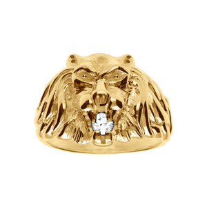 Chevalière lion en vermeil gros modèle avec oxyde blanc entre les dents