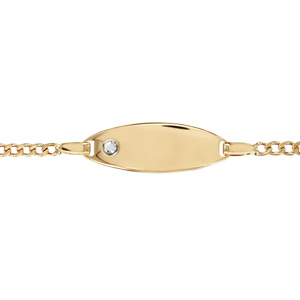 Gourmette pour bébé en plaqué or maille serrée avec plaque ovale et strass – largeur 2mm et longueur 13cm + 2cm de rallonge