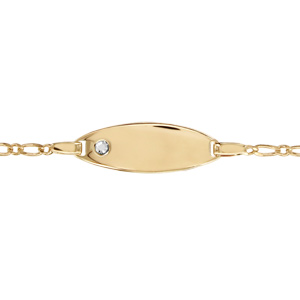 Gourmette pour bébé en plaqué or maille figaro 1+1 avec plaque ovale et strass – largeur 2mm et longueur 13cm + 2cm de rallonge
