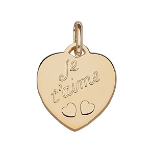 Pendentif en plaqué or coeur gravé « Je t’aime » et découpé 2 petits coeurs