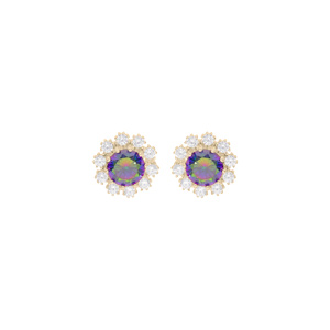 Boucles d’oreille en plaqué or fleur avec oxyde arc en ciel mystique contour d’oxydes blancs sertis et fermoir poussette