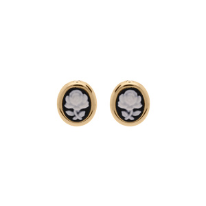 Boucles d’oreille en plaqué or Camée motif fleur sur fond noir et fermoir poussette