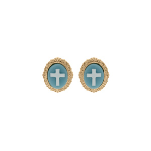 Boucles d'oreille en plaqué or Camée motif croix sur fond bleu et fermoir poussette
