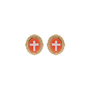 Boucles d’oreille en plaqué or Camée motif croix sur fond rose et fermoir poussette