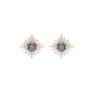 Boucles d’oreille en plaqué or oxyde arc en ciel mystique et oxydes blancs sertis et fermoir poussette