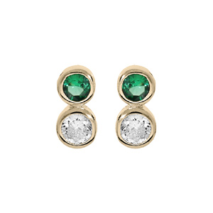 Boucles d’oreille en plaqué or 2 oxydes vert et blanc sertis clos et fermoir poussette