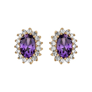 Boucles d’oreilles en plaqué or collection joaillerie oxyde violet au centre et petits oxydes blancs autour et fermoir poussette