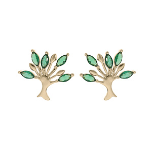 Boucles d'oreille en plaqué or arbre de vie avec oxydes verts et fermoir poussette