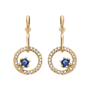 Boucles d’oreille pendantes en plaqué or collection joaillerie anneau d’oxydes blancs et pierre en verre bleu nuit et fermoir poussette