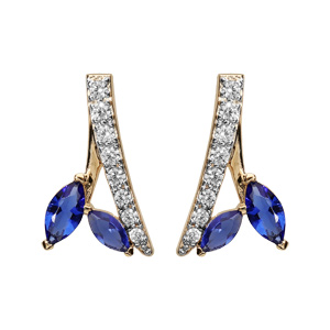 Boucles d'oreilles en plaqué or collection joaillerie feuillage bleu nuit et oxydes blancs sertis av
